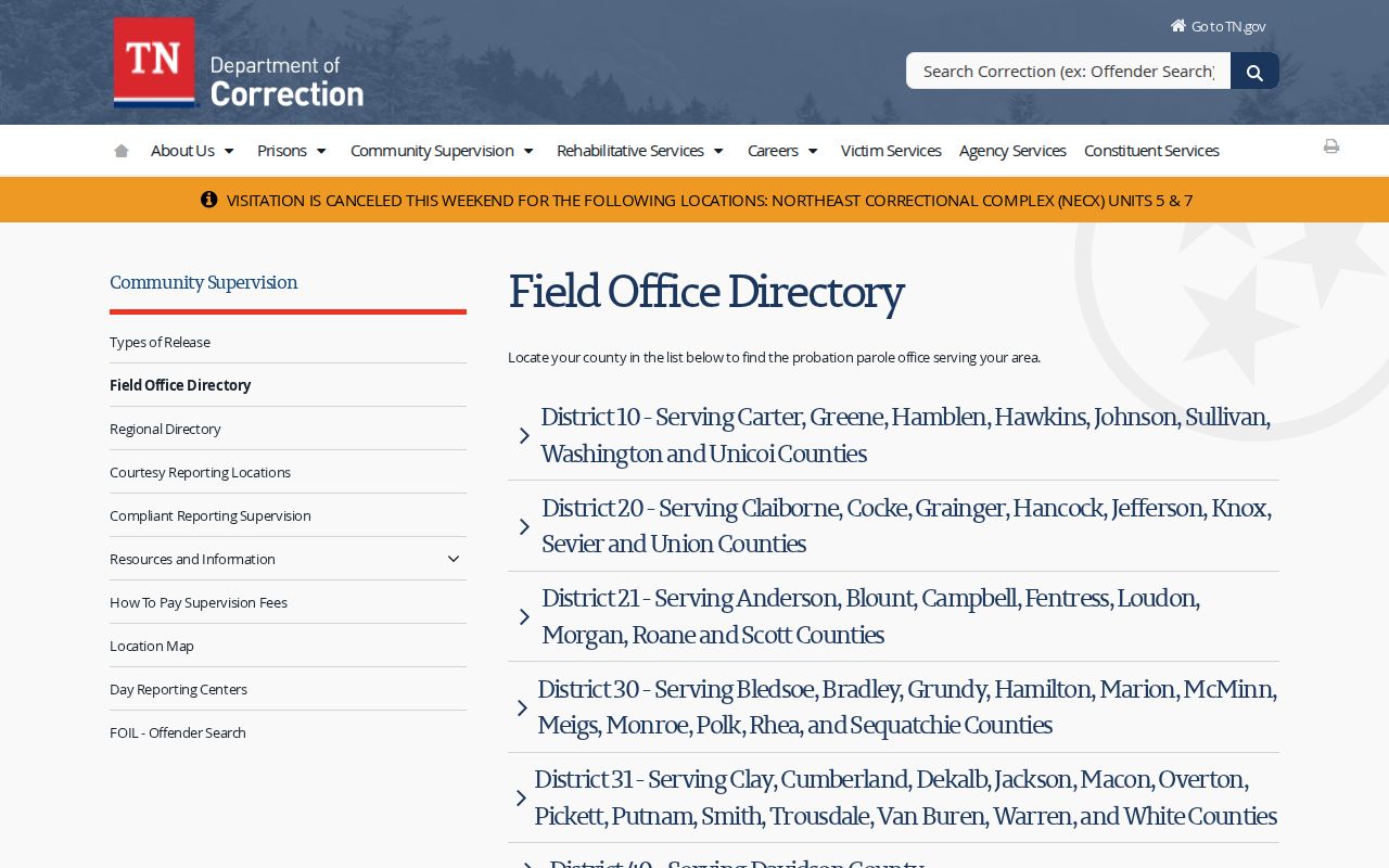 Weakley County parole and probation District 61 office listing