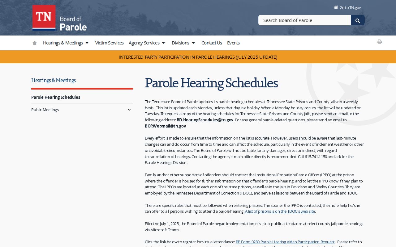 Weakley County parole hearing schedule request information